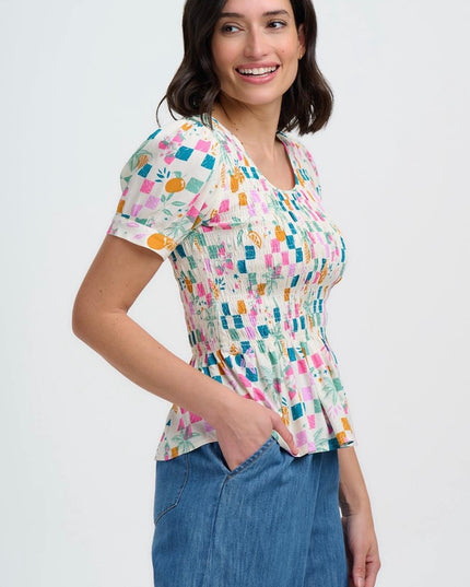 Molly Shirred Top - Off White, Fruit Checkerboard