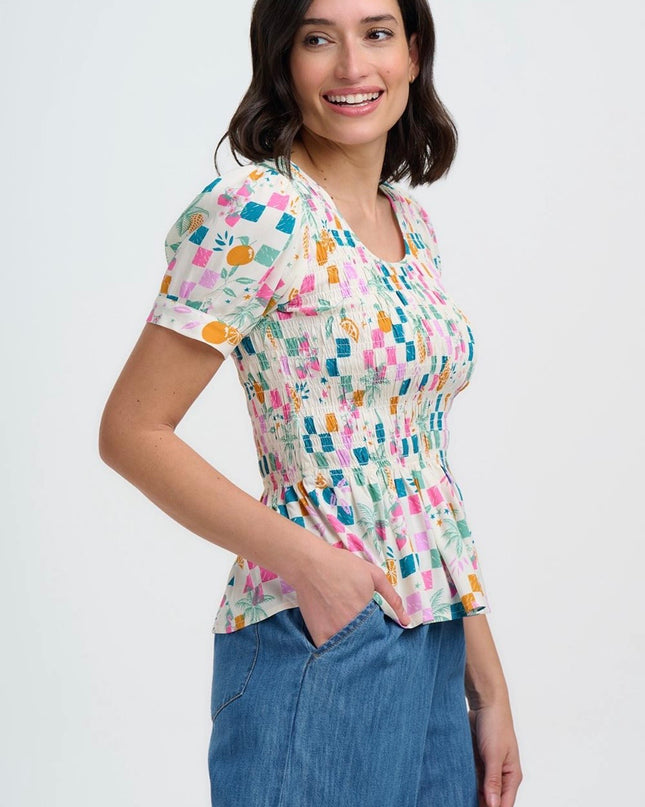 Molly Shirred Top - Off White, Fruit Checkerboard