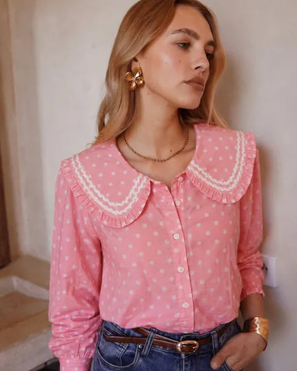 Maeve Polka Dot Peter Pan Collar Blouse - Pink