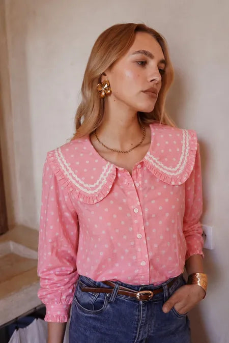 Maeve Polka Dot Peter Pan Collar Blouse - Pink