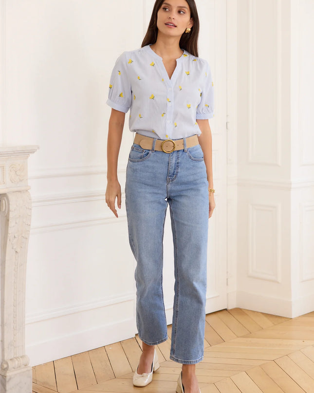 Dina Lemon Embroidered Short Sleeve Blouse - Blue