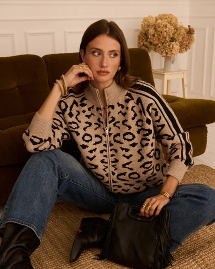 Printed Jacquard Zip Up Cardigan - Leopard