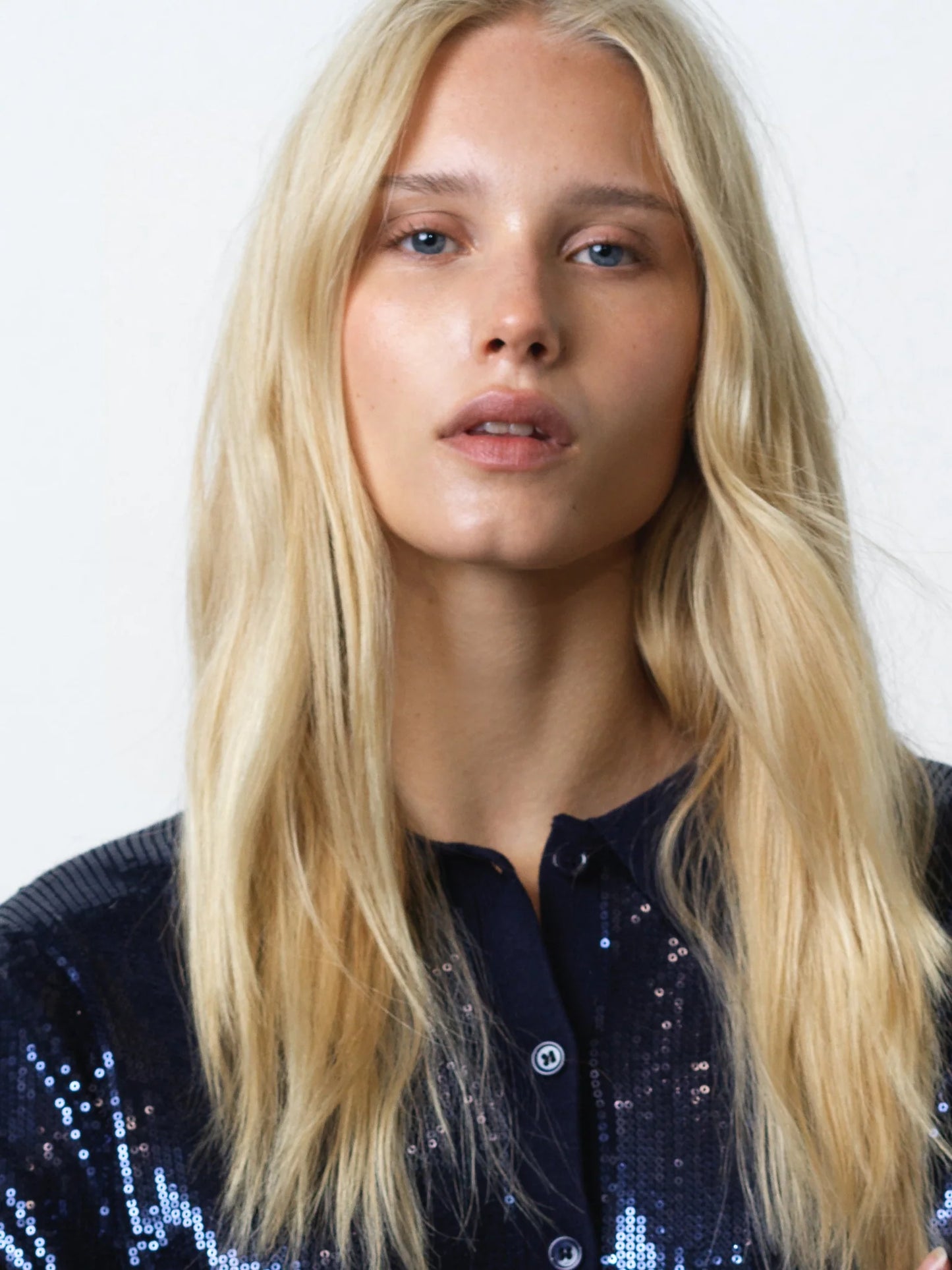 Hannah Knit Sequin Long Sleeve Button Through Top - Navy