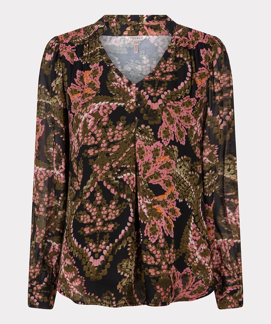 EsQualo - V-Neck Global Flower Blouse