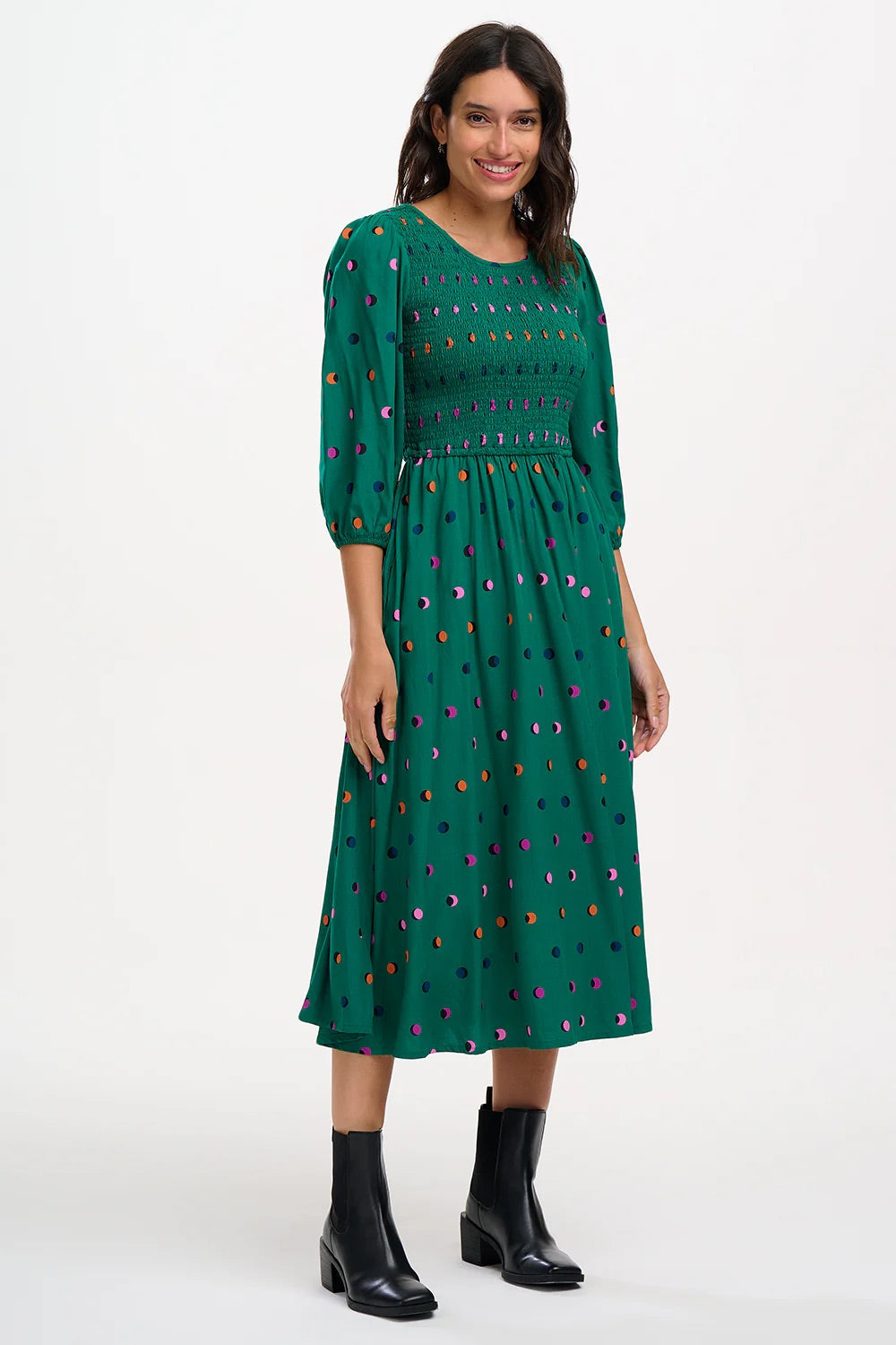 Sugarhill Brighton - Gretel Shirred Midi Dress - Green, Rainbow Shadow Polka