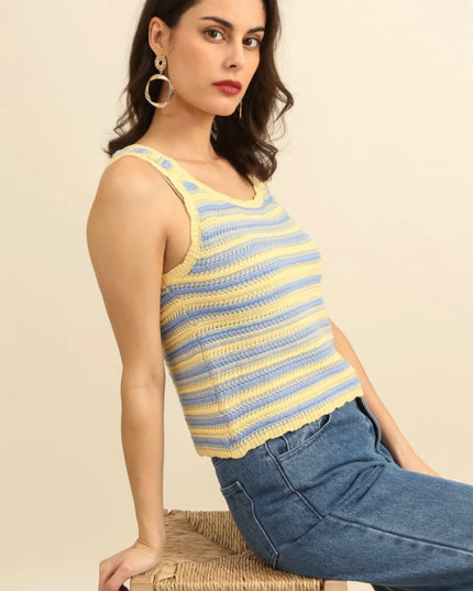 Cara Striped Crochet Tank Top - Lemon/Blue