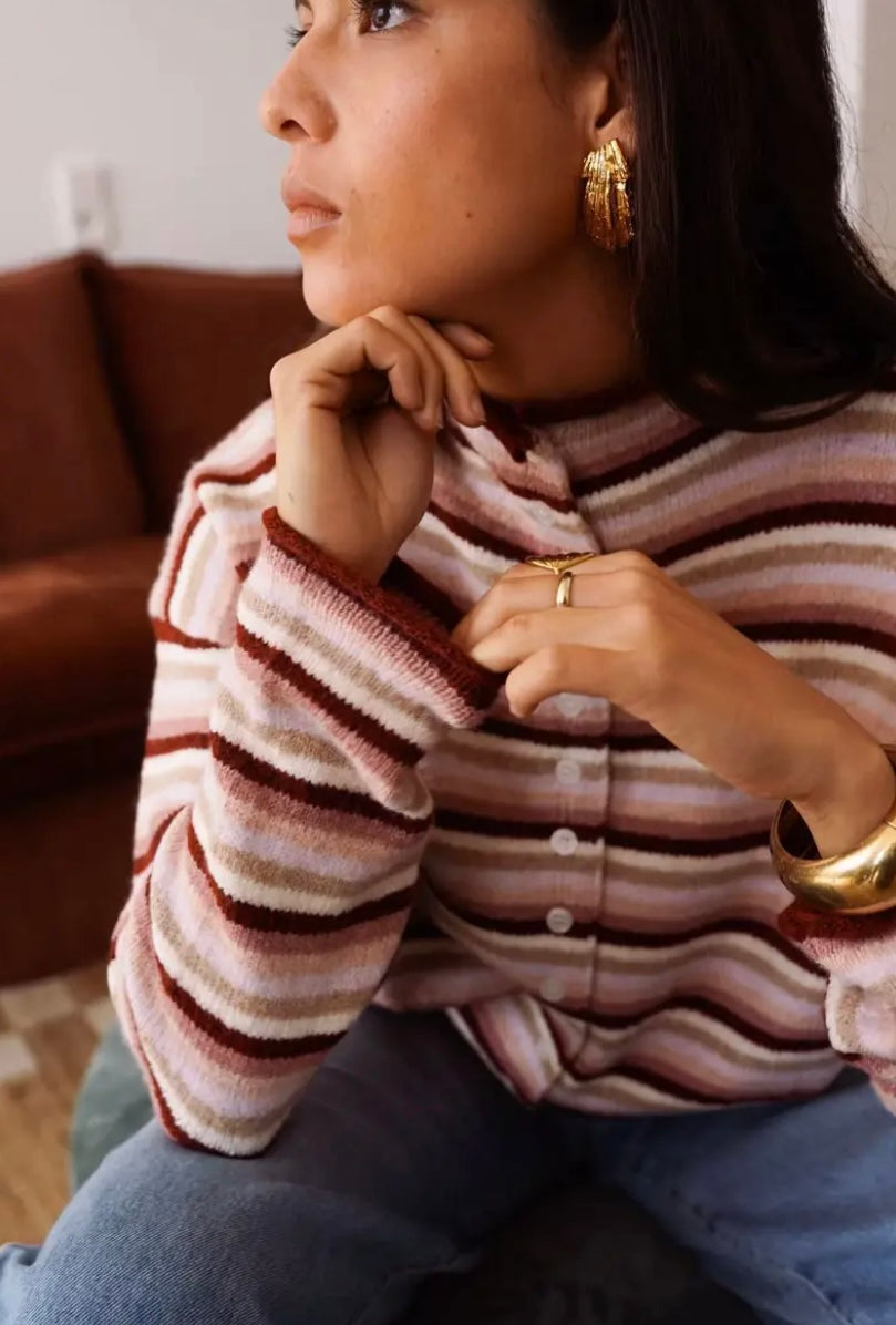 Anna Retro Stripe High Neck Cardigan - Burgundy