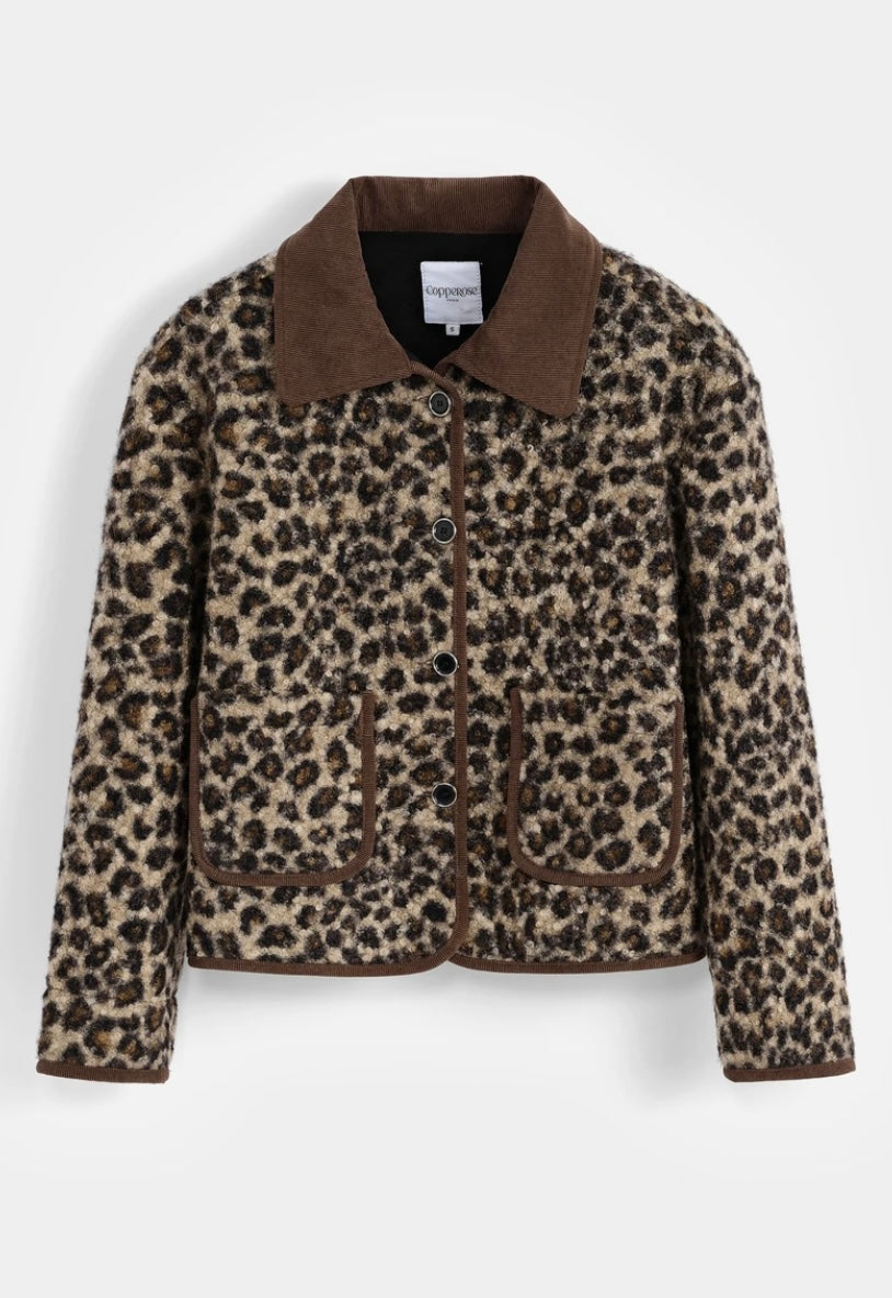 Mylee Fleece Jacket with Corduroy Collar - Leopard