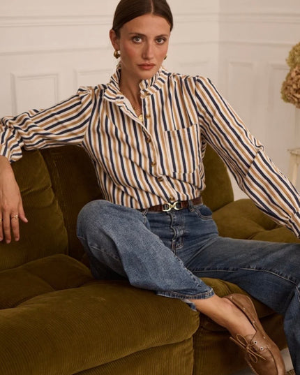 Lucia Stripe Shirt with Ruffled Collar