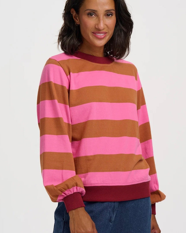 Mindy Blouson Sleeve Sweatshirt - Pink/Brown, Wide Stripe