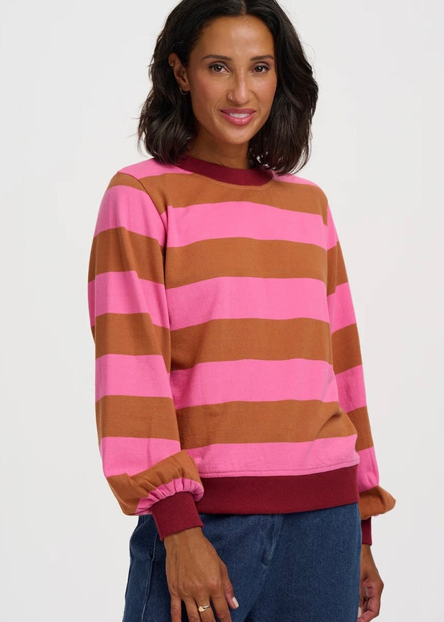 Mindy Blouson Sleeve Sweatshirt - Pink/Brown, Wide Stripe