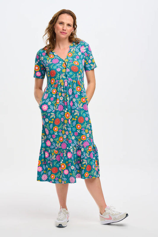 Heather Jersey Midi Smock Dress - Teal, Folk Floral