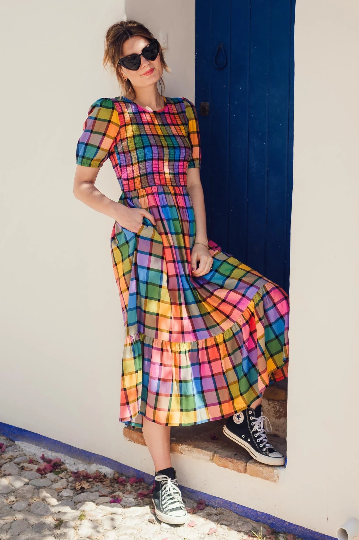 Yolanda Midi Shirred Dress - Multi, Summer Rainbow Check