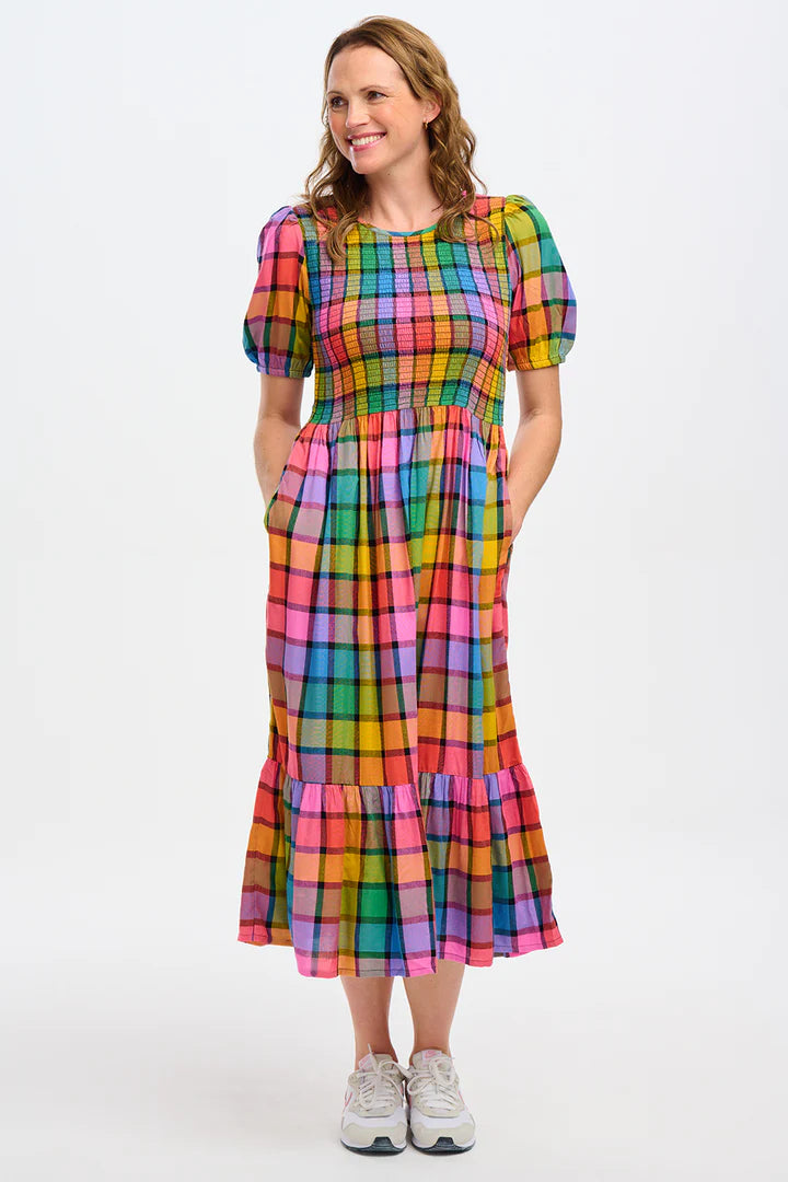 Yolanda Midi Shirred Dress - Multi, Summer Rainbow Check