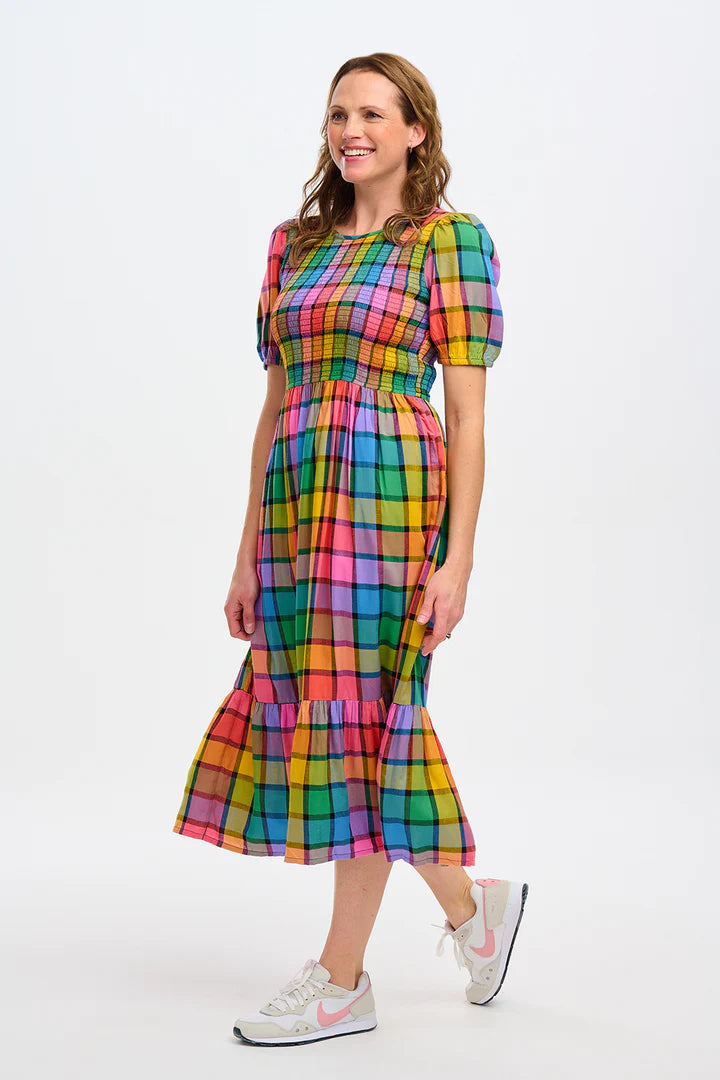 Yolanda Midi Shirred Dress - Multi, Summer Rainbow Check