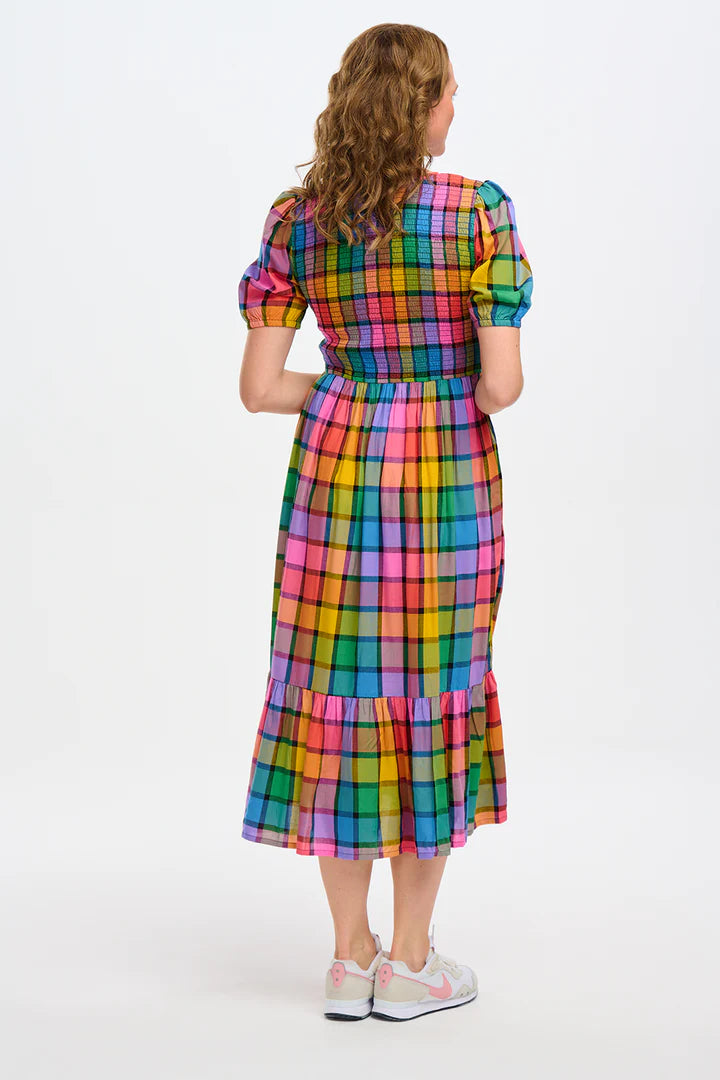 Yolanda Midi Shirred Dress - Multi, Summer Rainbow Check