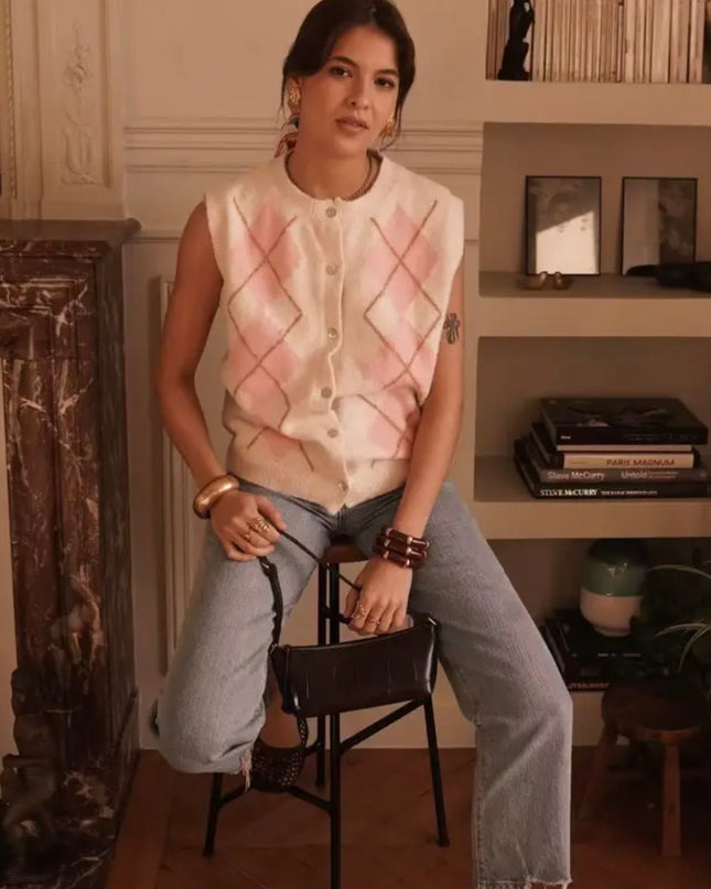 Sára Knit Argyle Vest - Cream