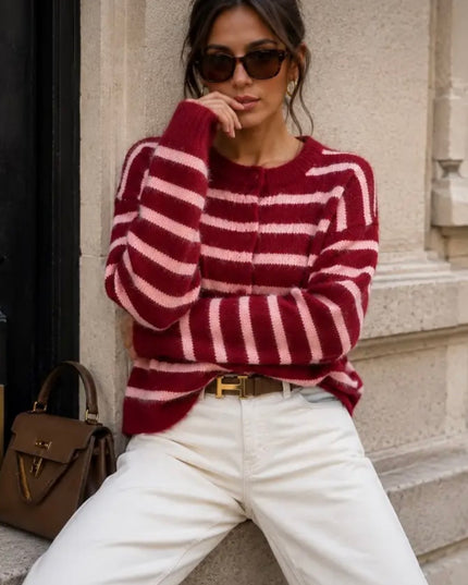 Fleur Chunky Knit Buttoned Sweater - Burgundy