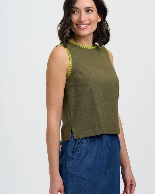 Senna Top - Olive, Decorative Stitch