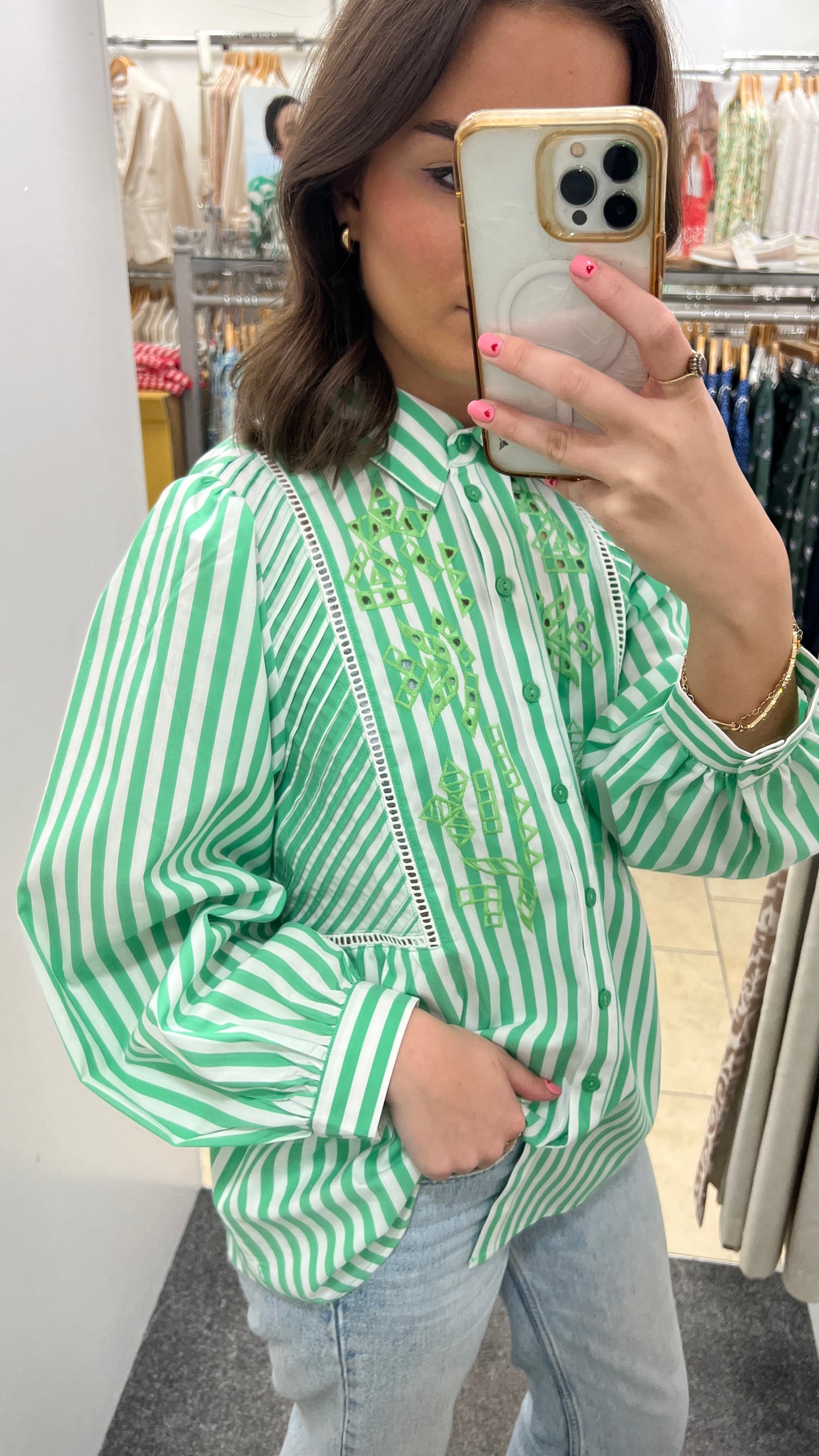 EsQualo Striped Embroidered Blouse - Off White/Green