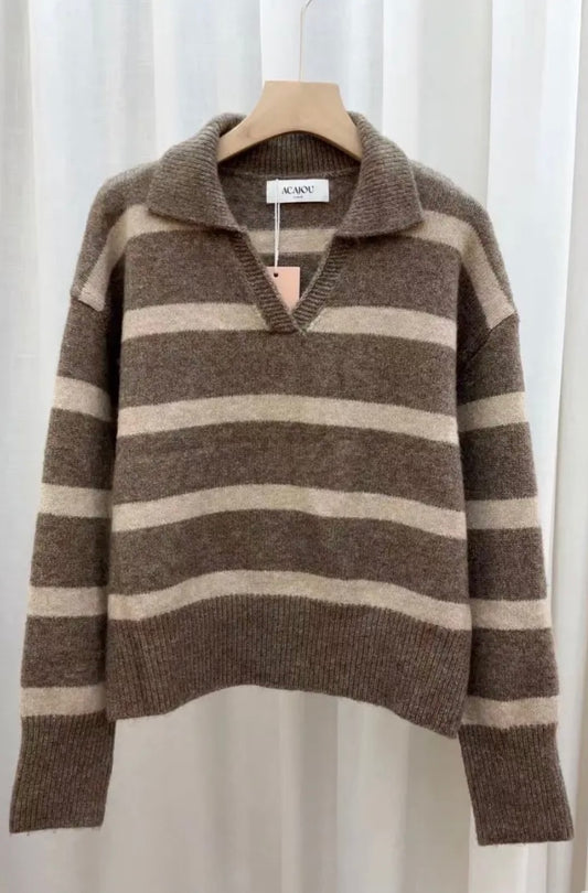 Jennie V-Neck Striped Sweater - Taupe