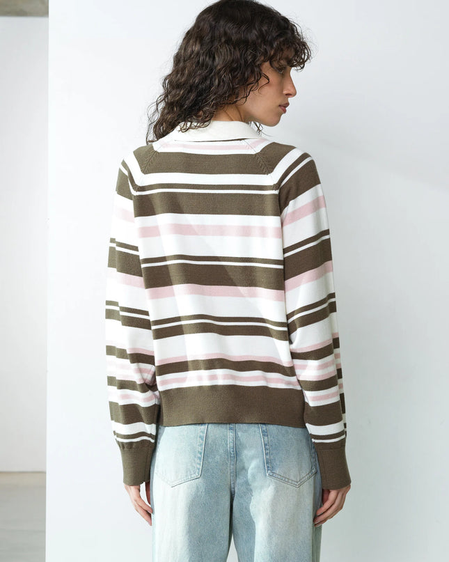 Yaz Rugby Polo Knit Stripe Jumper - Vintage Khaki Multi