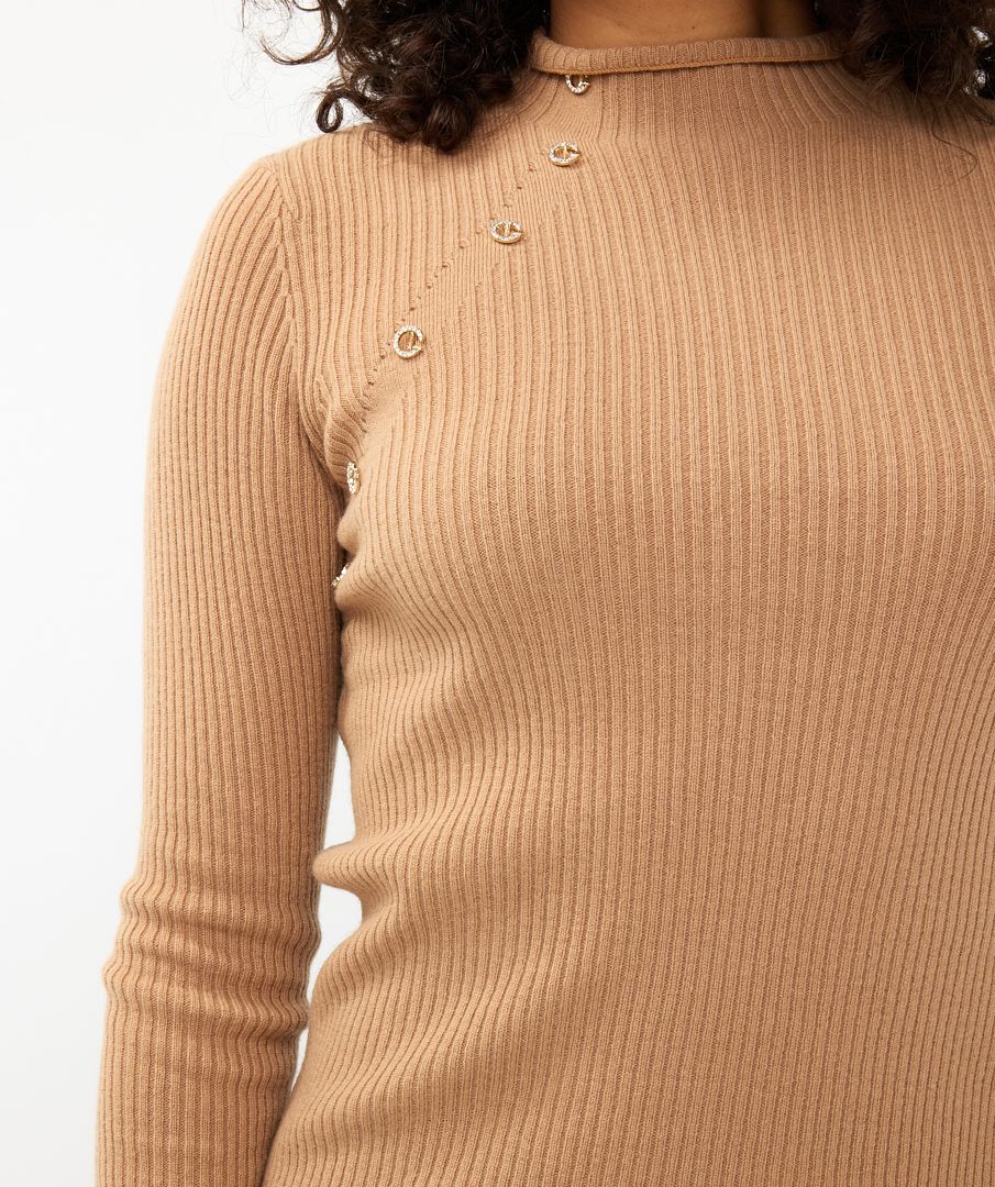 EsQualo - Assymmetrical Button Merino Sweater - Brandy