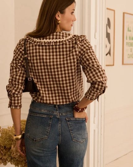 Camille Gingham Collared Blouse - Brown