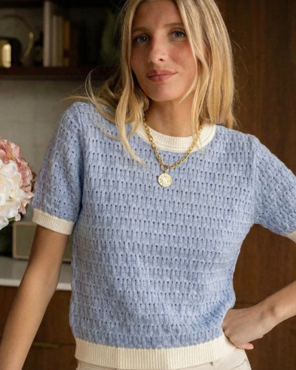 Mollie Crochet Tipped Top - Sky Blue