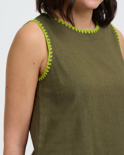 Senna Top - Olive, Decorative Stitch