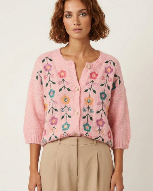 Naela Short Sleeve Embroidered Cardigan - Candy Pink