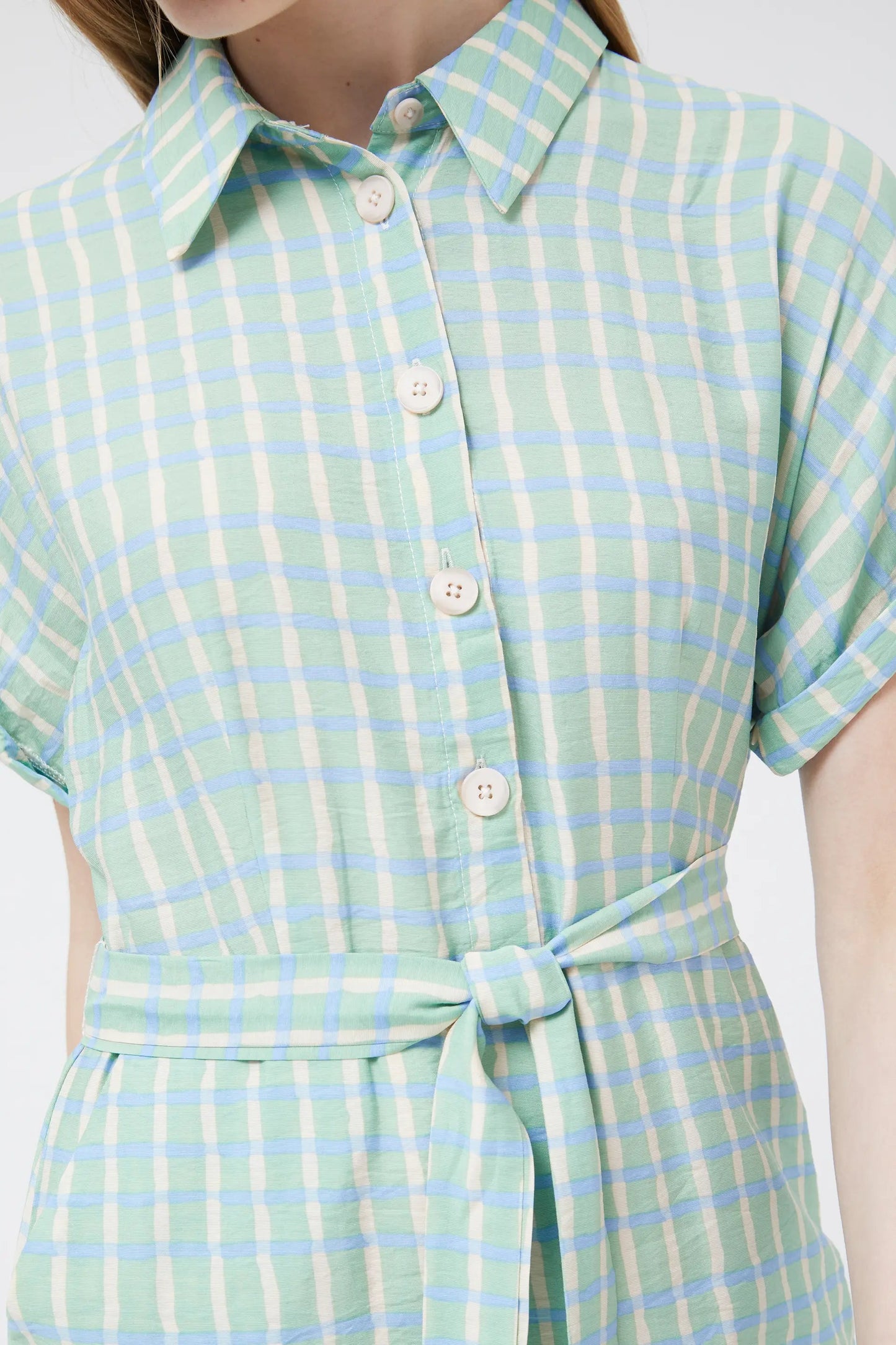 Compañia Fantastica Green Summer Gingham Midi Shirt Dress