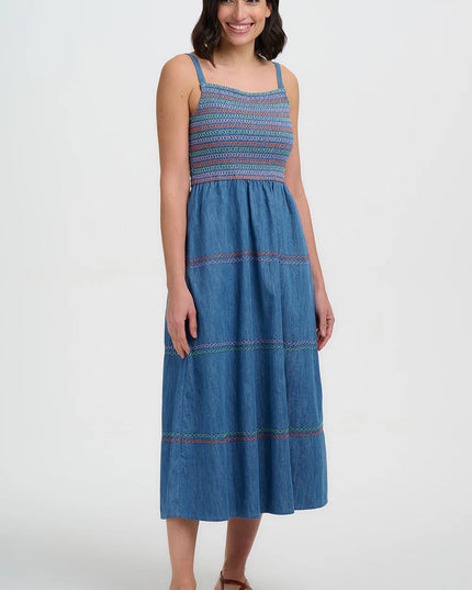 Murren Shirred Midi Dress - Washed Blue Denim