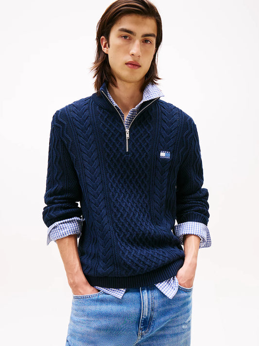 Cable Knit Quarter-Zip Slim Jumper - Dark Night Navy