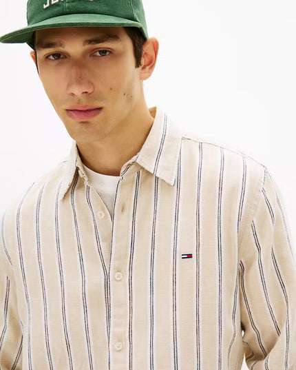 TJM REG Linen MX Stripe Shirt - White Clay