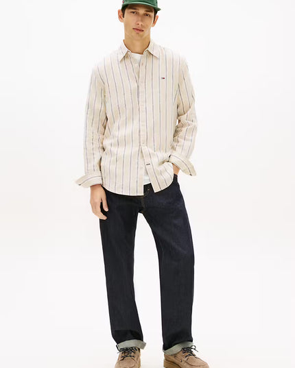 TJM REG Linen MX Stripe Shirt - White Clay