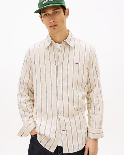 TJM REG Linen MX Stripe Shirt - White Clay