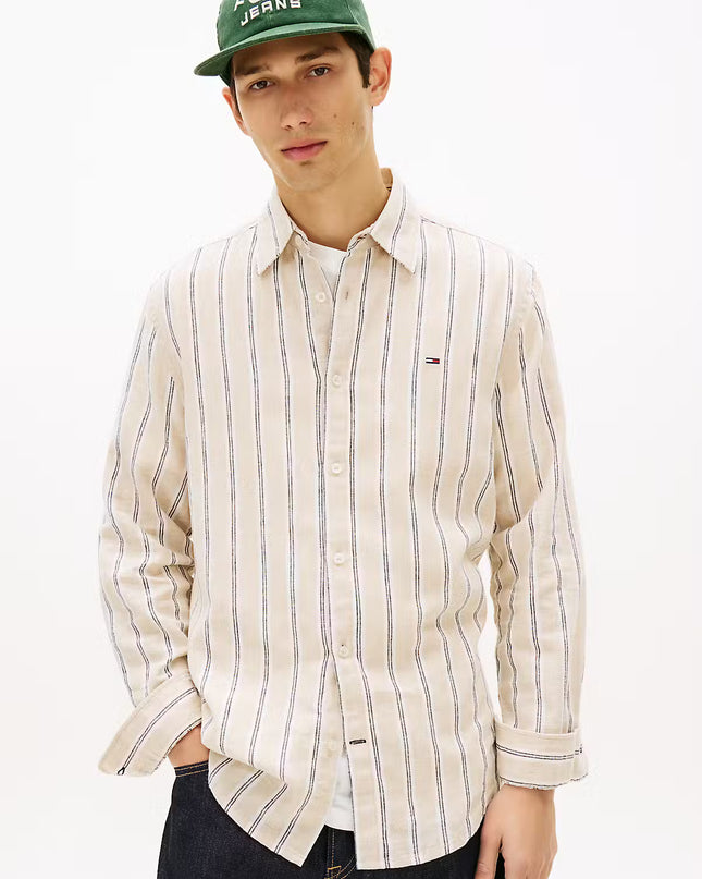 TJM REG Linen MX Stripe Shirt - White Clay