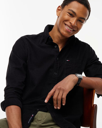 Regular Fit Button-Down Corduroy Shirt - Black