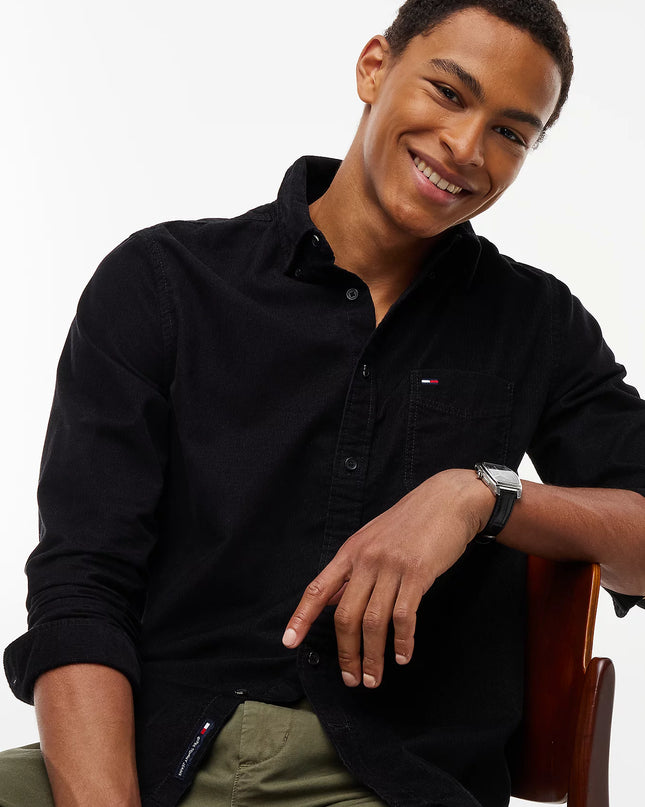 Regular Fit Button-Down Corduroy Shirt - Black