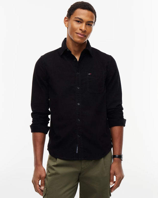 Regular Fit Button-Down Corduroy Shirt - Black