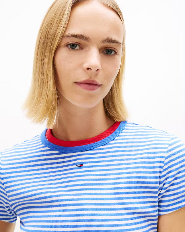 Ribbed Slim Crew Neck T-Shirt - Empire Blue Stripe