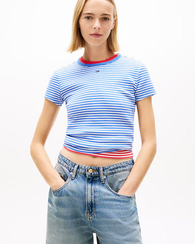 Ribbed Slim Crew Neck T-Shirt - Empire Blue Stripe