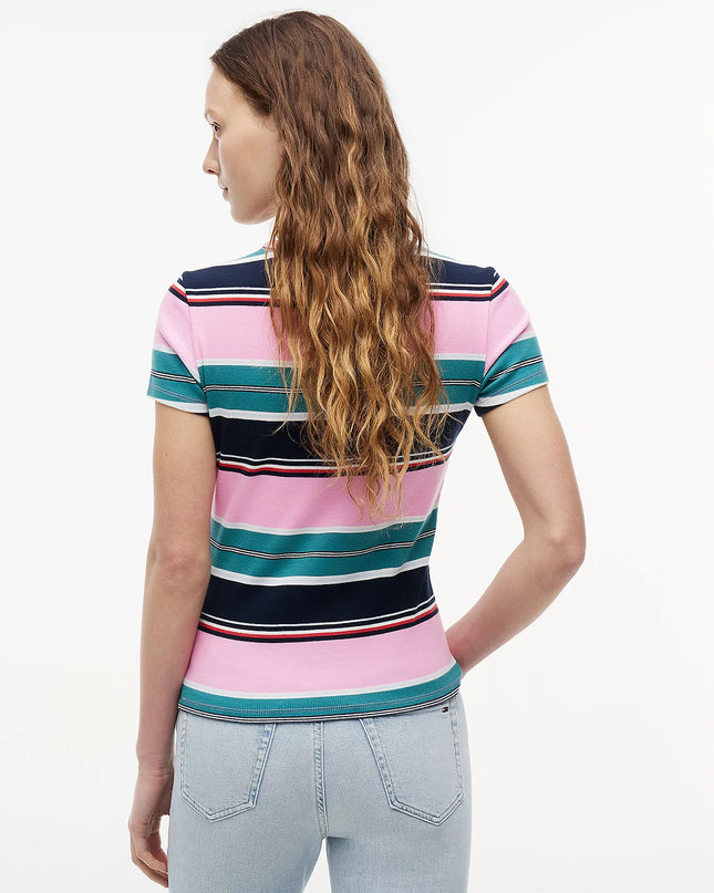 Ribbed Slim Crew Neck T-Shirt - Pink Daisy / Multi Stripe