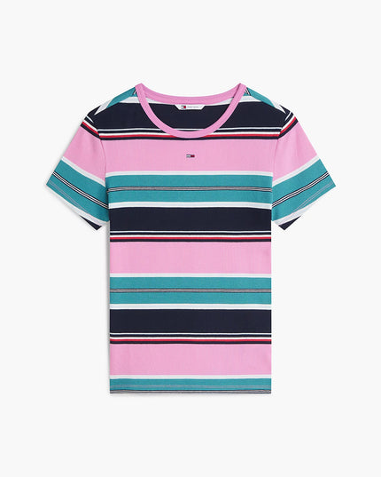 Ribbed Slim Crew Neck T-Shirt - Pink Daisy / Multi Stripe