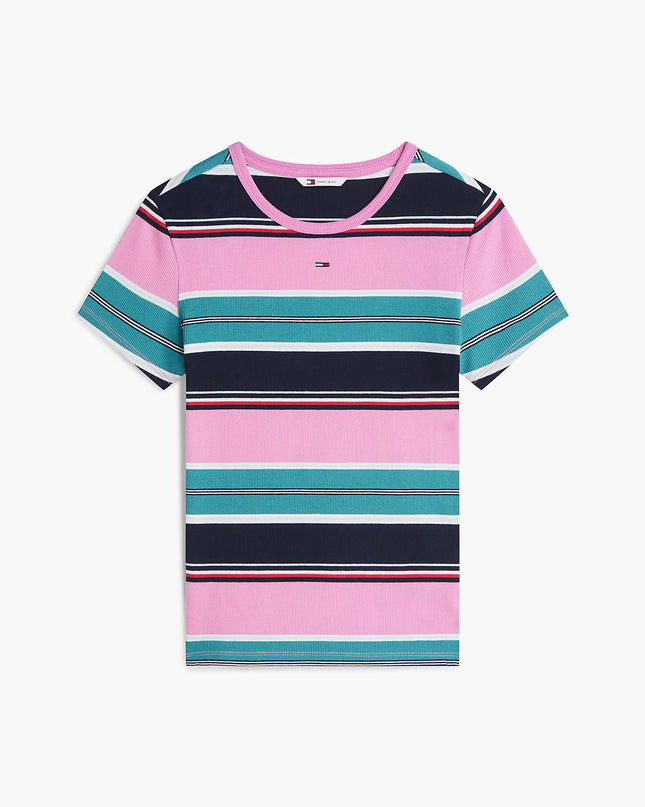 Ribbed Slim Crew Neck T-Shirt - Pink Daisy / Multi Stripe
