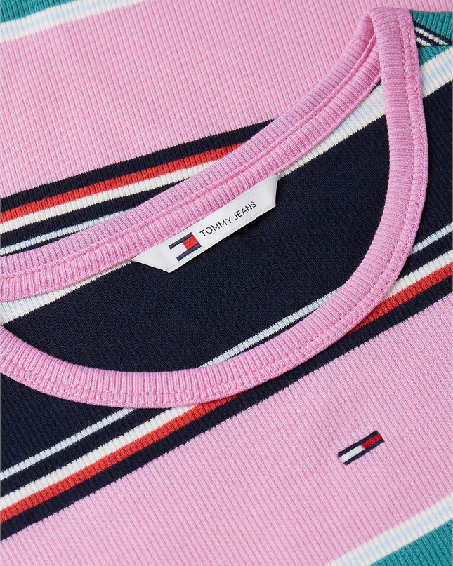 Ribbed Slim Crew Neck T-Shirt - Pink Daisy / Multi Stripe