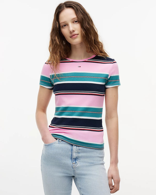Ribbed Slim Crew Neck T-Shirt - Pink Daisy / Multi Stripe