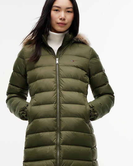 Slim Shiny Down Hooded Coat - Dark Greenery