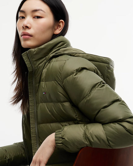 Slim Shiny Down Hooded Coat - Dark Greenery